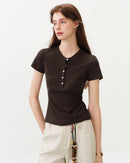 Cotton Lyocell Button-Trim Fitted Tee
