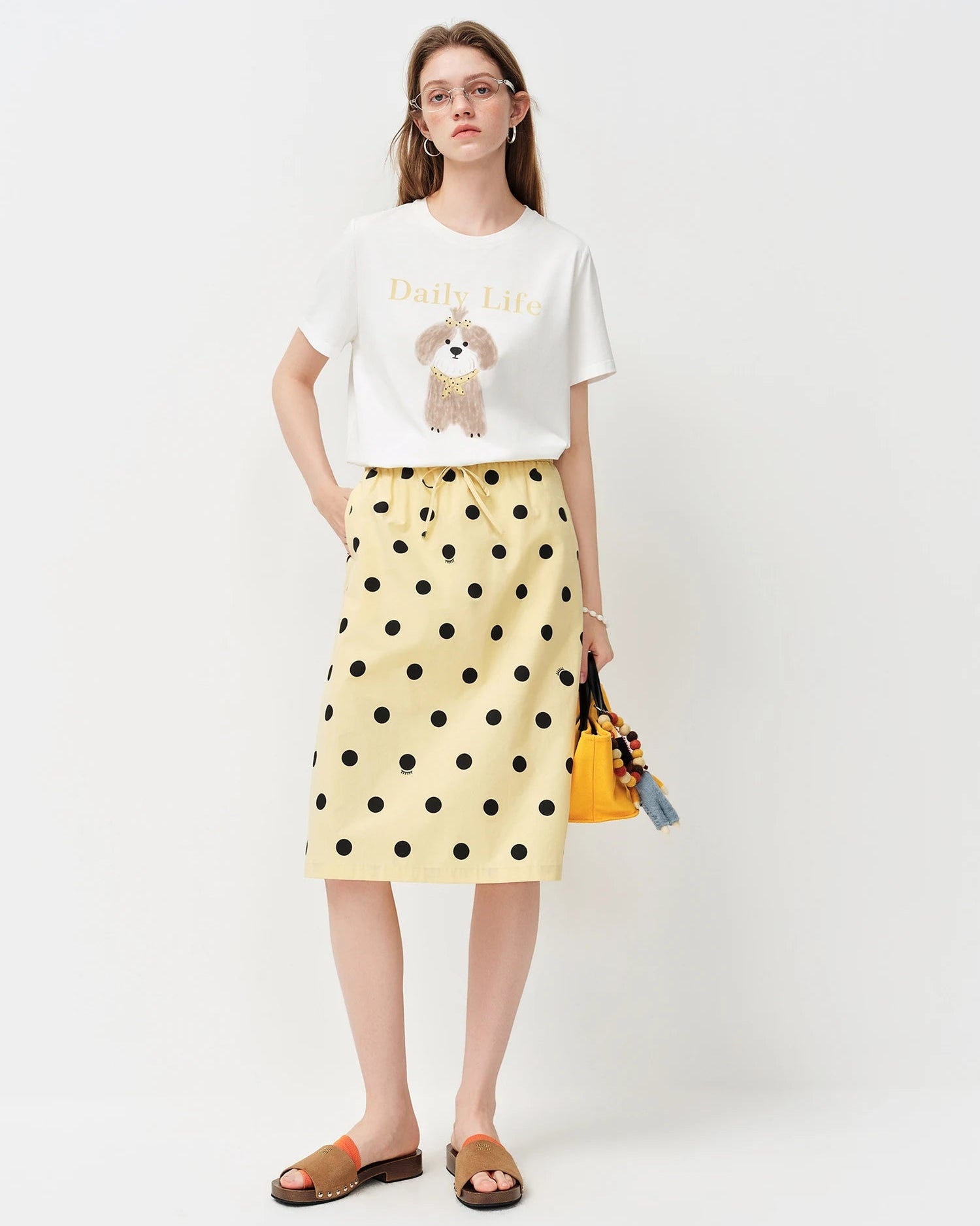 Polka Dot Cotton A-Line Midi Skirt