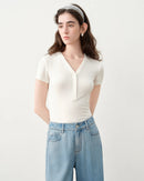 Slim V-Neck Knit Short Sleeve Top
