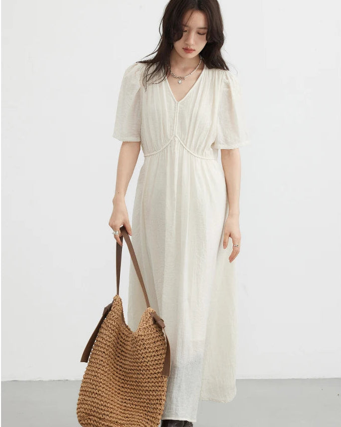 Retro V-Neck Puff Sleeve Loose Dress