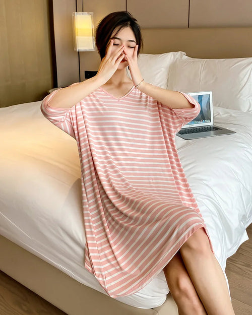 Modal Stripe Short Sleeve V-Neck Sleep Dress
