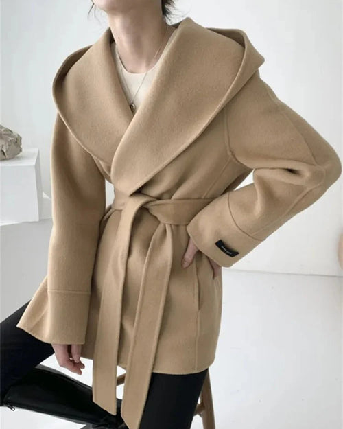 Hooded Wool Blend Wrap Coat