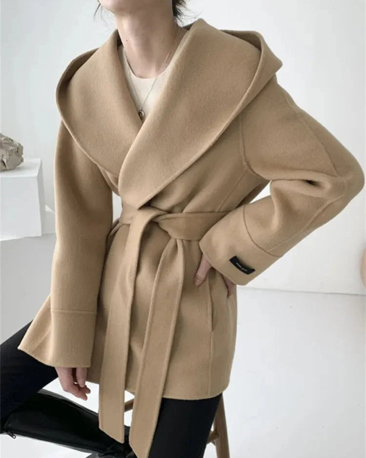 Hooded Wool Blend Wrap Coat