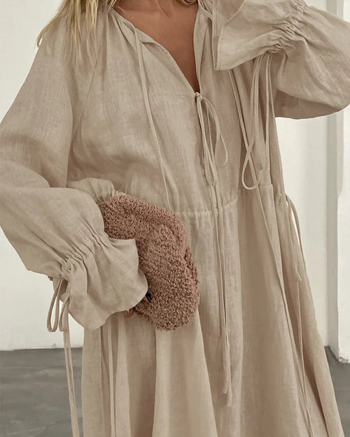 Cotton Lace-Up Flare Sleeve Maxi Dress