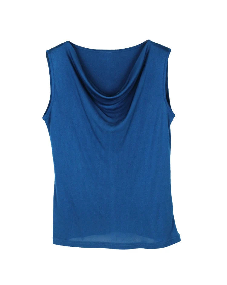 Silk-Viscose Draped Collar Sleeveless Tank Top