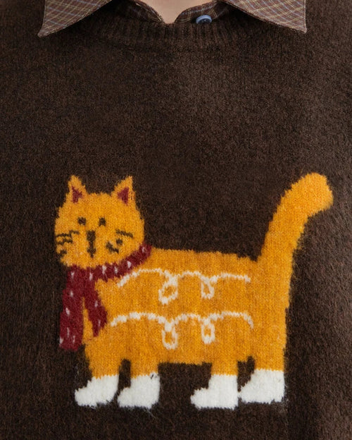 Cartoon Cat Appliqué Knit Sweater