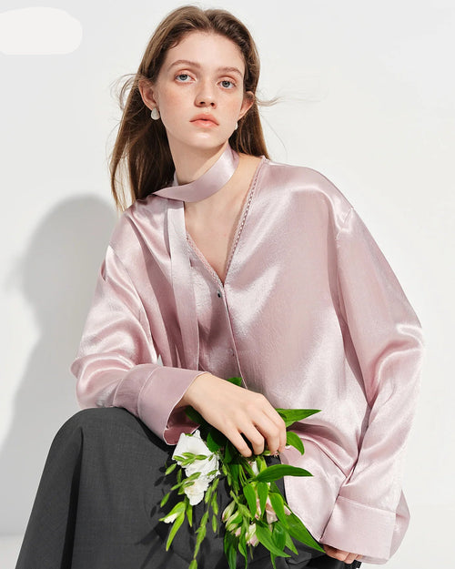 Elegant V-Neck Satin Long-Sleeve Shirt