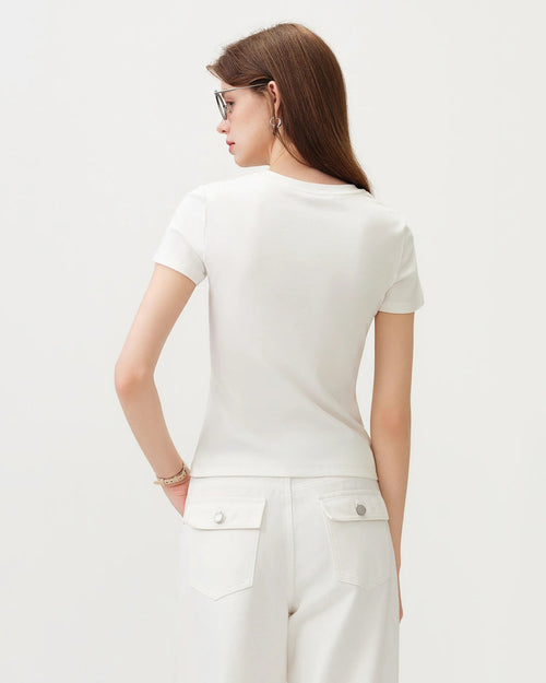 Cotton Lyocell Button-Trim Fitted Tee