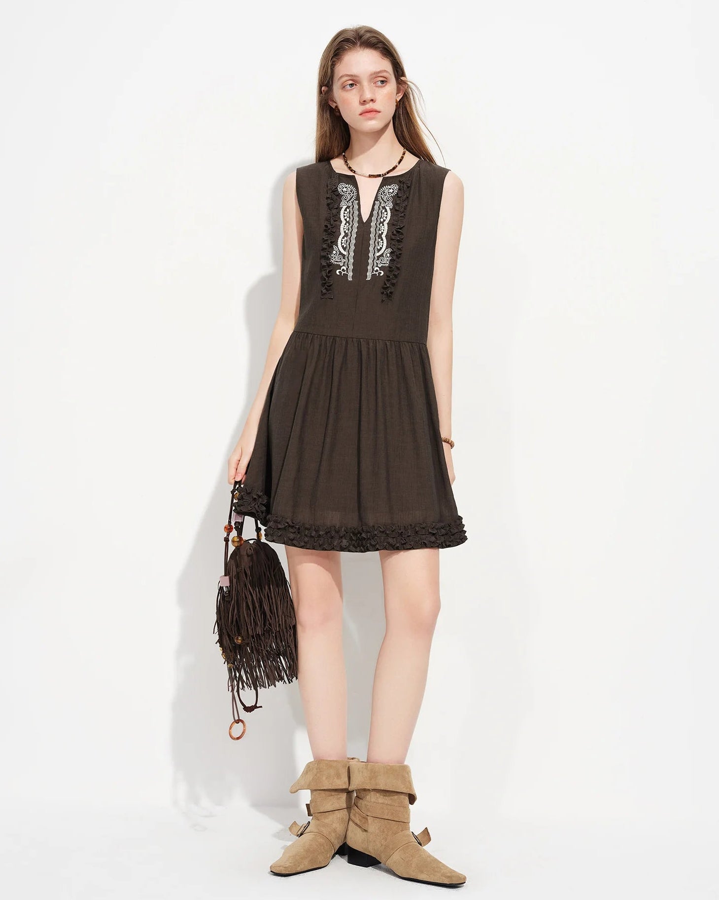 V-Neck Sleeveless A-Line Midi Dress
