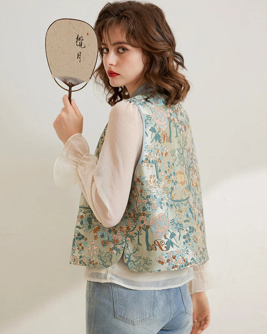 Elegant Jacquard Floral Round Neck Button Vest