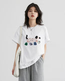 Soft 100% cotton puppy embroidery loose cotton t-shirt with a round neckline and short sleeves, perfect for playful streetwear or casual autumn everyday.