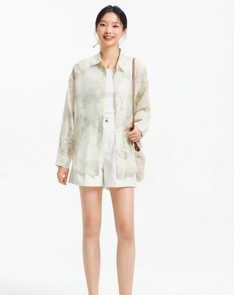 Ink Wash Print Oversized Mid-Length Shirt