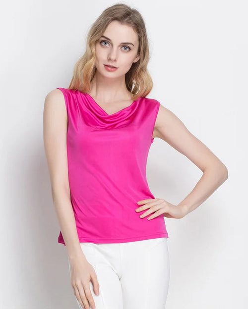 Silk-Viscose Draped Collar Sleeveless Tank Top