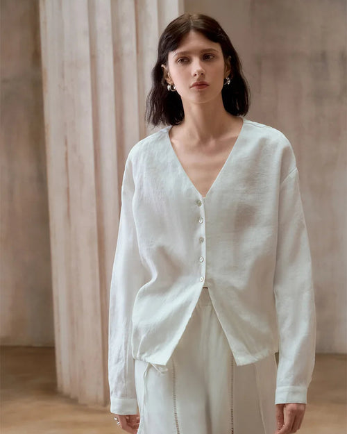 Linen V-Neck Button-Up Longline Shirt