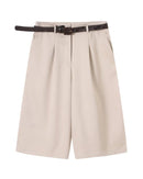 Women's khaki pleated high-waisted shorts with removable belt, featuring breathable polyester blend and relaxed fit for spring casual wear or summer errands.
