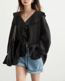 Ruffled V-Neck Loose Lyocell Casual Blouse