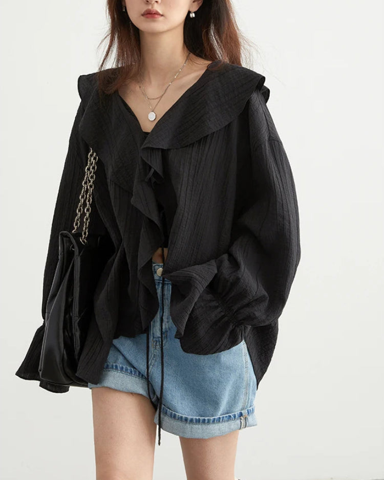 Ruffled V-Neck Loose Lyocell Casual Blouse