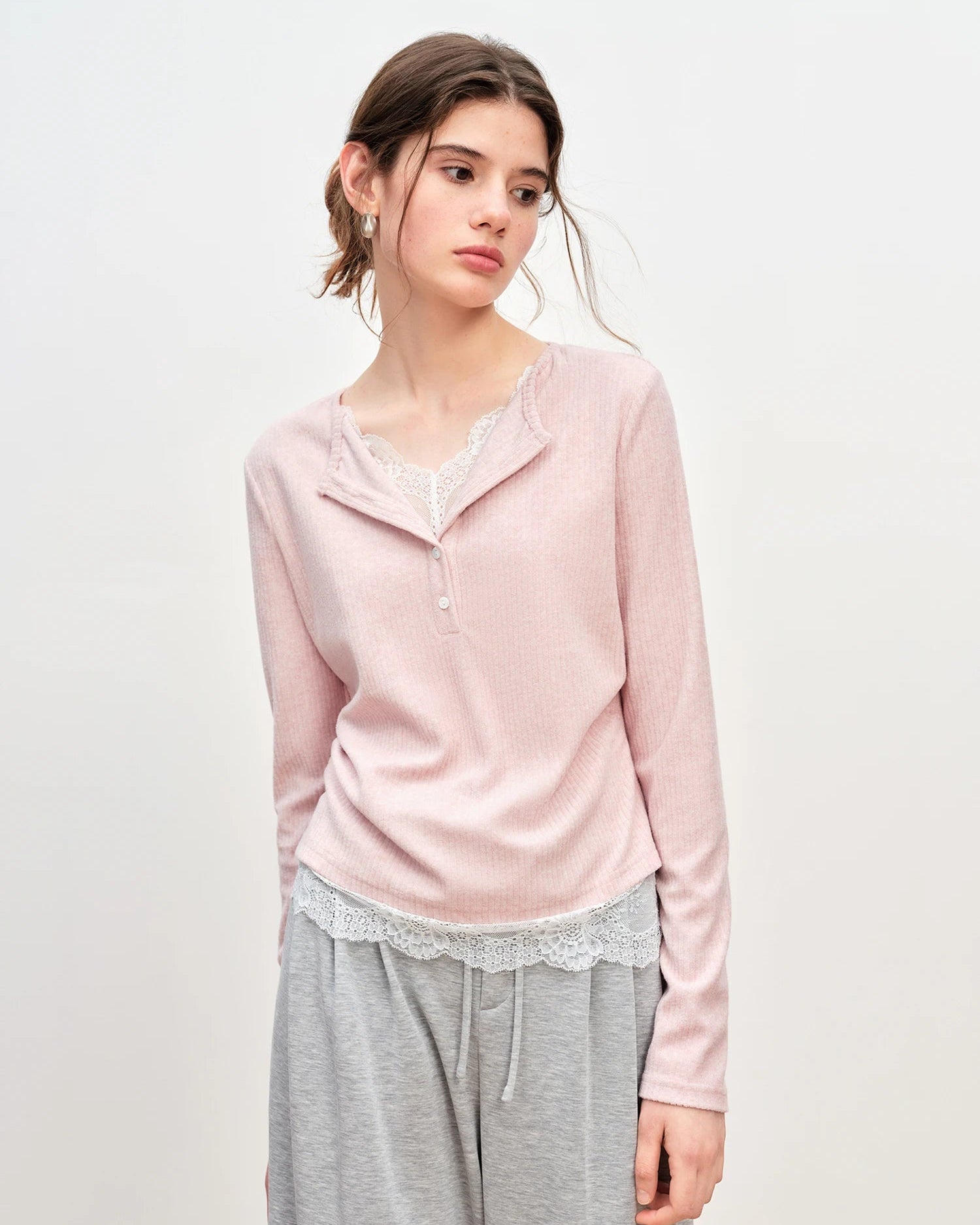 Lace-Trimmed V-Neck Knit Sweater