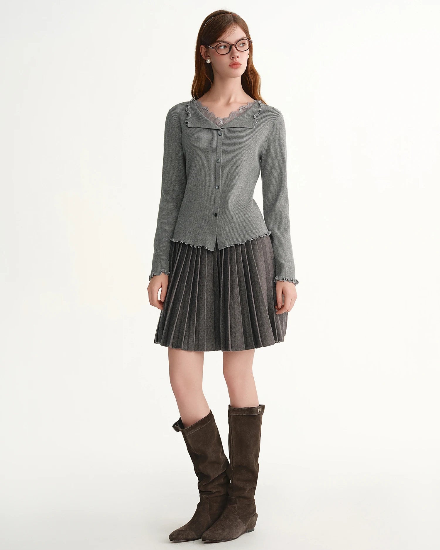V-Neck Single-Breasted Ribbed Knit Cardigan