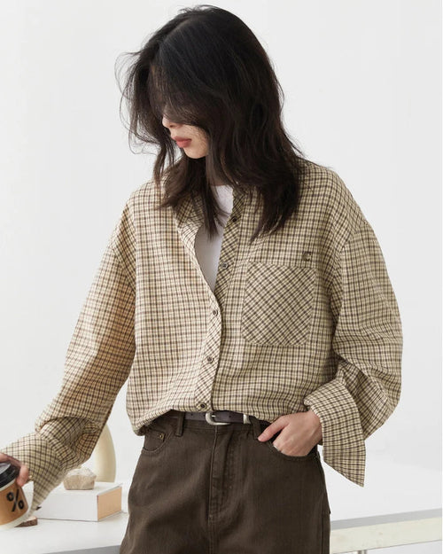 Plaid Embroidered Square-Neck Loose Shirt