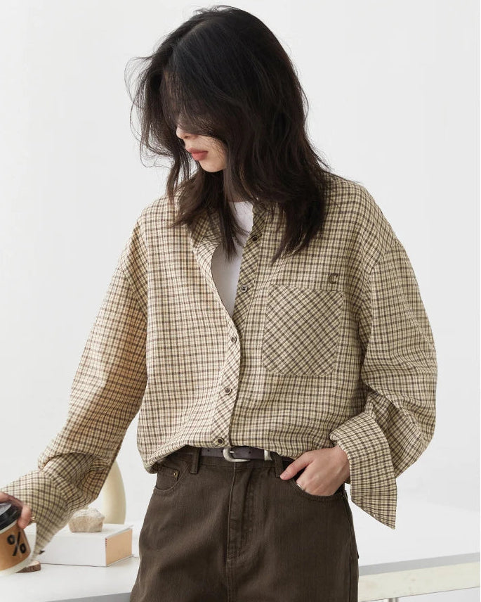 Plaid Embroidered Square-Neck Loose Shirt