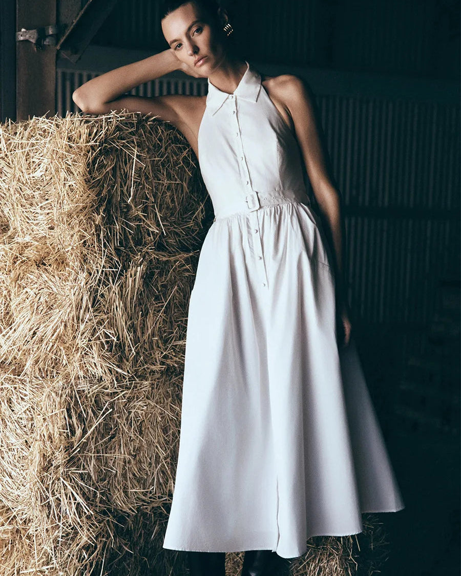 Sleeveless Turn-Down Collar Belted Maxi Dress