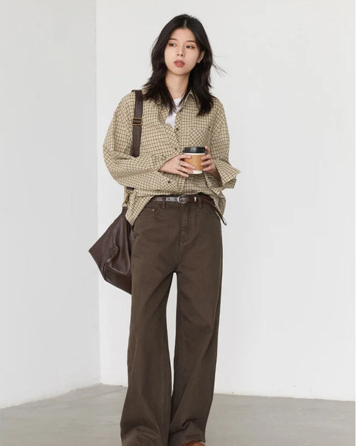 Plaid Embroidered Square-Neck Loose Shirt