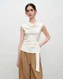 Pleated V-Neck Sleeveless Knit T-Shirt