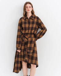 Brushed Plaid Asymmetric Hem Shirt Dress