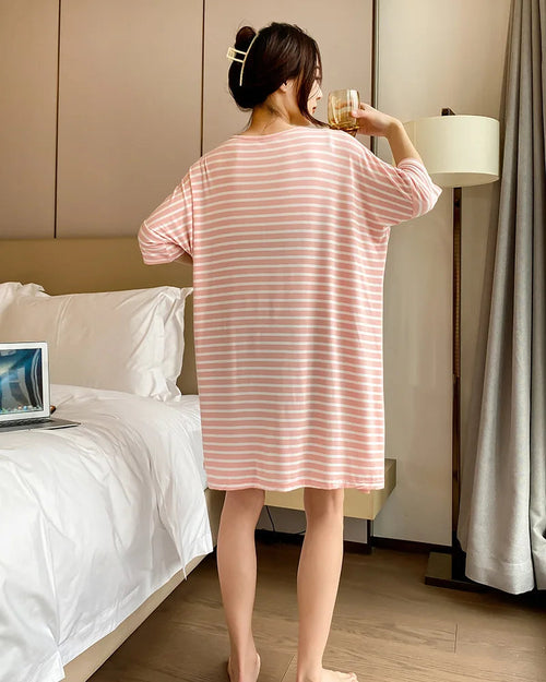 Modal Stripe Short Sleeve V-Neck Sleep Dress