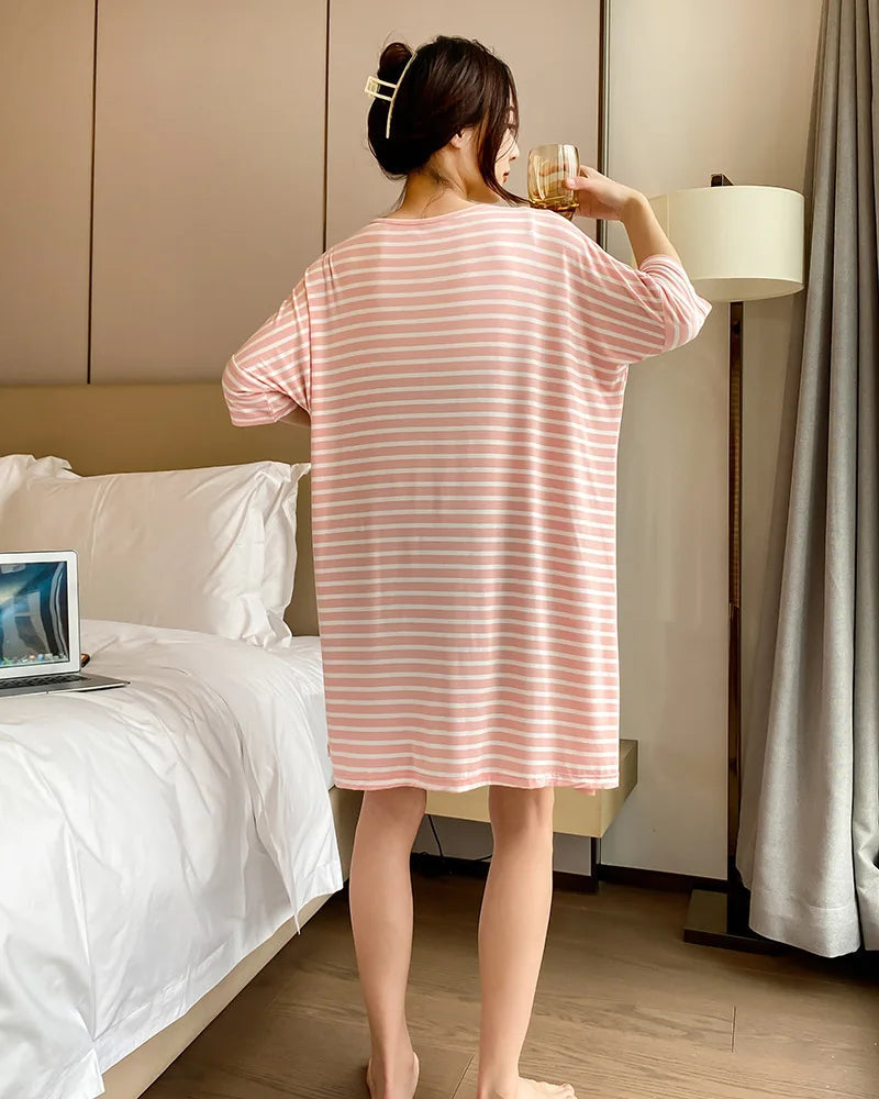 Modal Stripe Short Sleeve V-Neck Sleep Dress