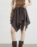 Plaid Asymmetric A-Line Cotton Midi Skirt