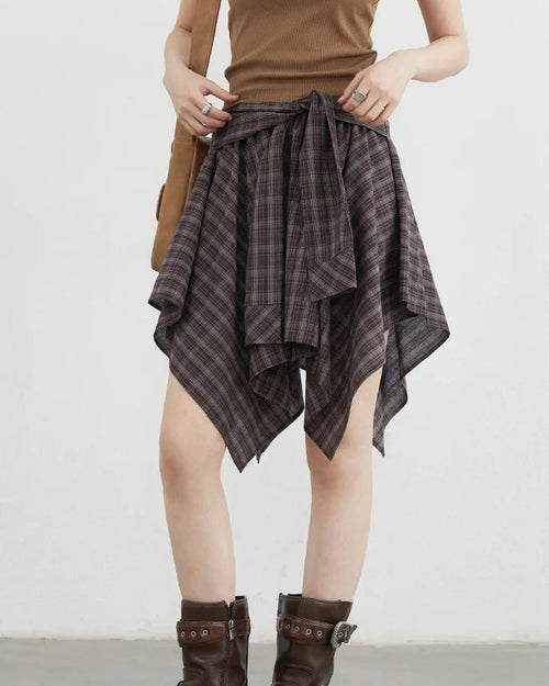 Plaid Asymmetric A-Line Cotton Midi Skirt