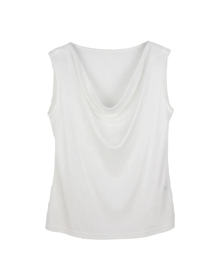 Silk-Viscose Draped Collar Sleeveless Tank Top