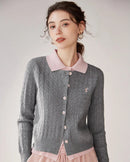 Women's gray color contrast fake two-piece knit shirt with sculpted turn-down collar, made from a breathable polyester blend for polished office wear or autumn layering.