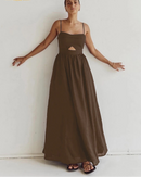 Cotton Slash-Neck Hollow-Out Sleeveless Maxi Dress