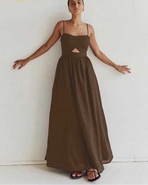 Cotton Slash-Neck Hollow-Out Sleeveless Maxi Dress