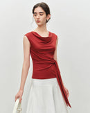 Pleated V-Neck Sleeveless Knit T-Shirt