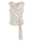 Pleated V-Neck Sleeveless Knit T-Shirt