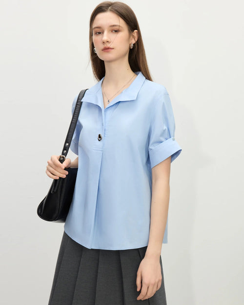 Collared Cotton Blend Short-Sleeved Shirt