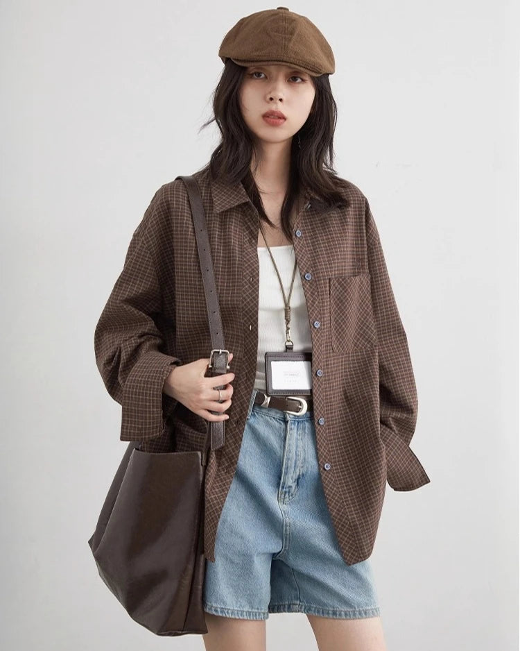 Plaid Embroidered Square-Neck Loose Shirt