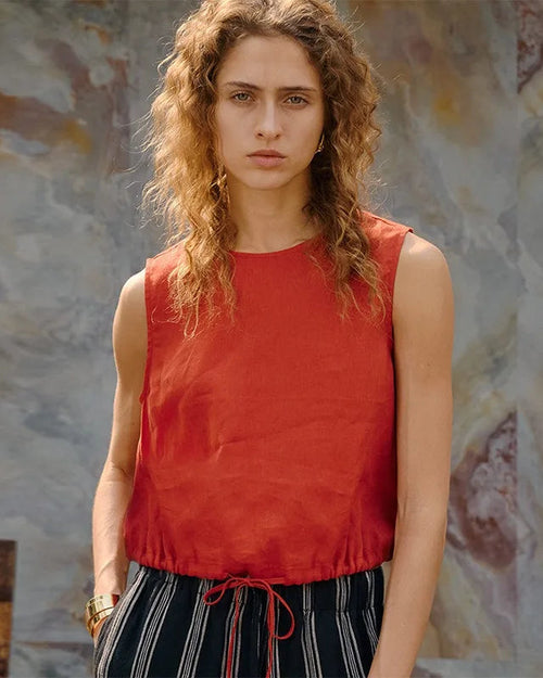 Linen Drawstring Crew Neck Cropped Vest