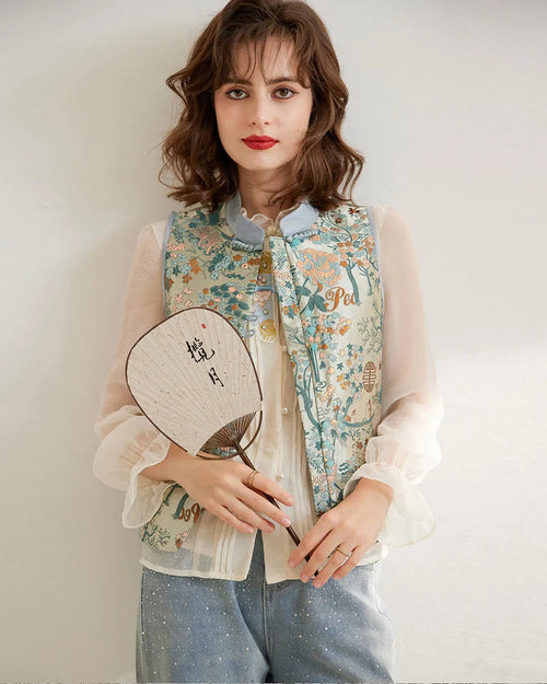 Elegant Jacquard Floral Round Neck Button Vest