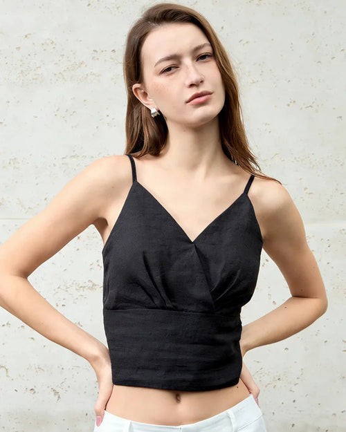 Linen V-Neck Spaghetti Strap Cropped Vest