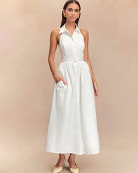 Sleeveless Turn-Down Collar Belted Maxi Dress