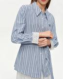 Lace Trim Jacquard Stripe Tie-Waist Blouse
