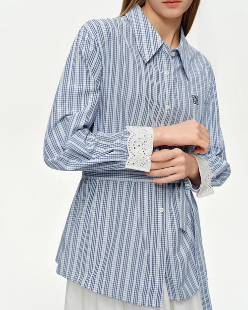 Lace Trim Jacquard Stripe Tie-Waist Blouse
