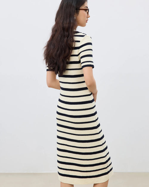 Long Striped Polo Collar Knit Dress