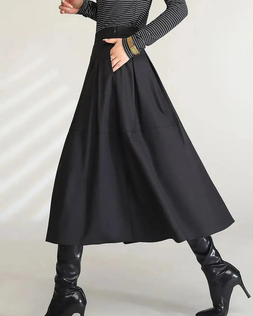 Casual High-Waisted Belted Pocket A-Line Slit Skirt