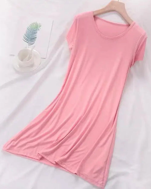 Women's Silky Modal short sleeve sleep dress featuring a relaxed round neck, above-knee mini length, and soft knit fabric, perfect for breathable summer loungewear comfort.